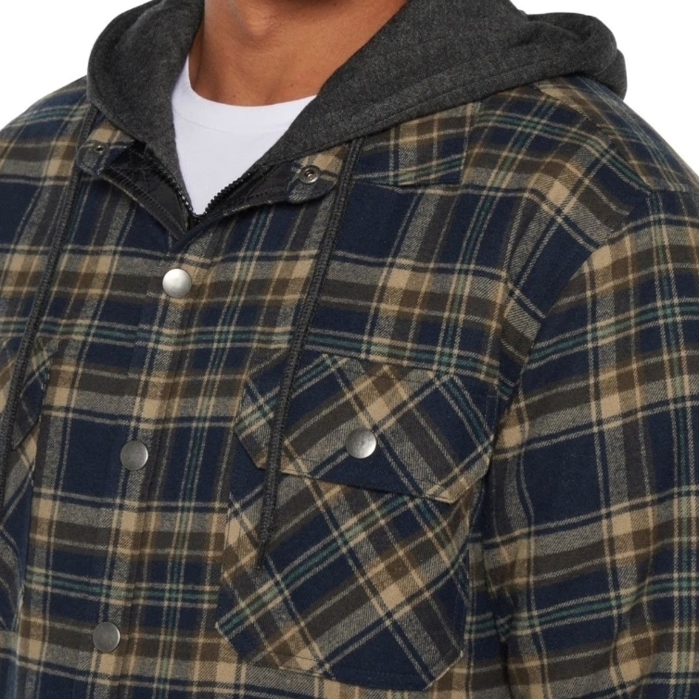 Eddie Bauer Men's Blue and Tan Plaid Hooded Jacket
